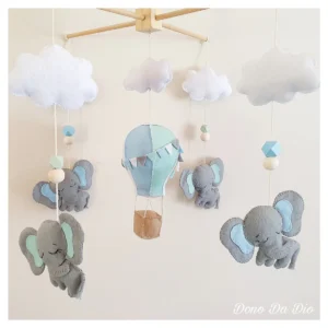 Elephant & Hot Air Balloon Mobile - BABY BLUE & GREY